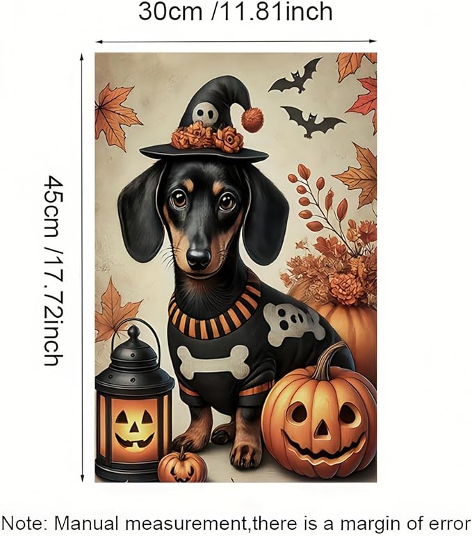 Halloween Garden Flag 12x18 Dachshund Pumpkin Witch Hat Double Sided Polyester Flag