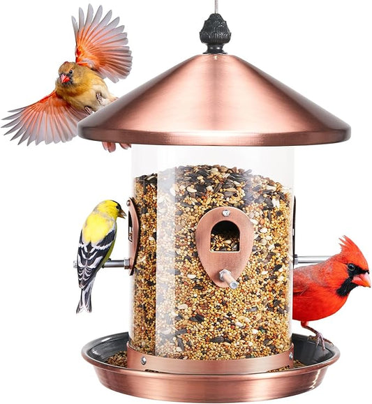 Kingsyard Metal Bird Feeders for Outdoors Hanging with 8 Ports, 4.5 lbs Large Tube Bird Feeder with Seed Tray for Cardinal Finch, Easy to Fill and Clean, Copper