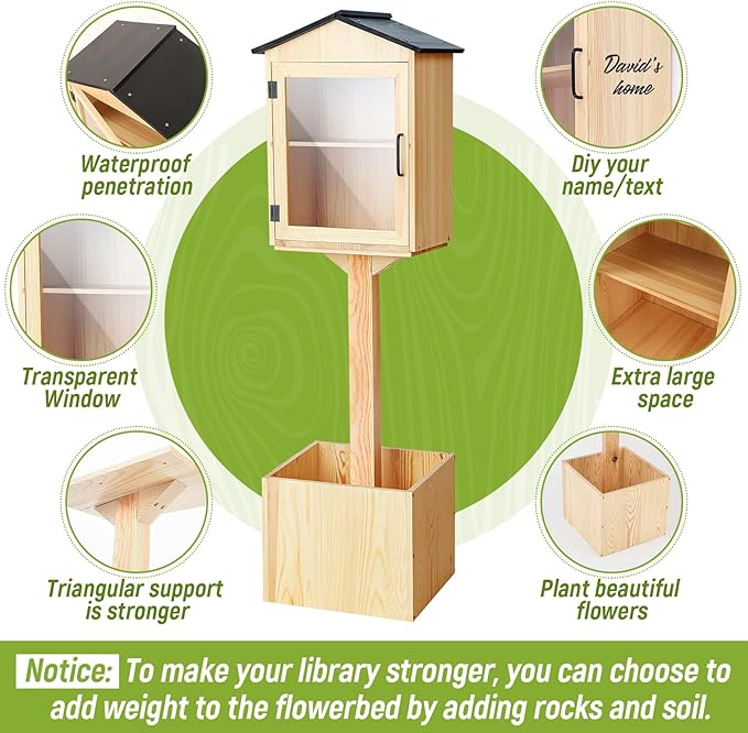 Wooden Library Box Outdoor Library, Double Outdoor Box Storage with Floor Plugs and Small Flower Fence for DIY, Community, Literature, School(Natural Wood,Steepletop)