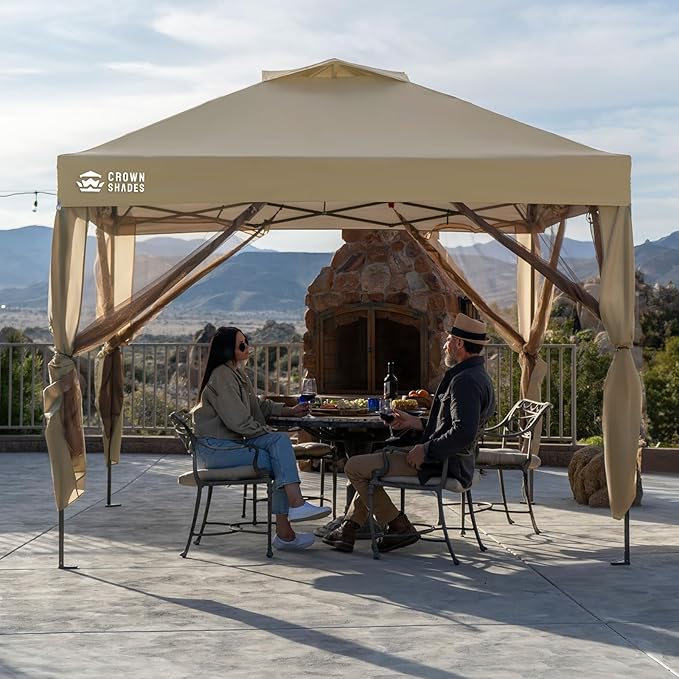 CROWN SHADES Gazebo 10x10 Pop Up Canopy with Mosquito Netting, Screen Tent with 4 Ropes, 8 Stakes, 4 Sandbags and Wheeled Storage Bag, Canopy for Patio & Backyard, Beige