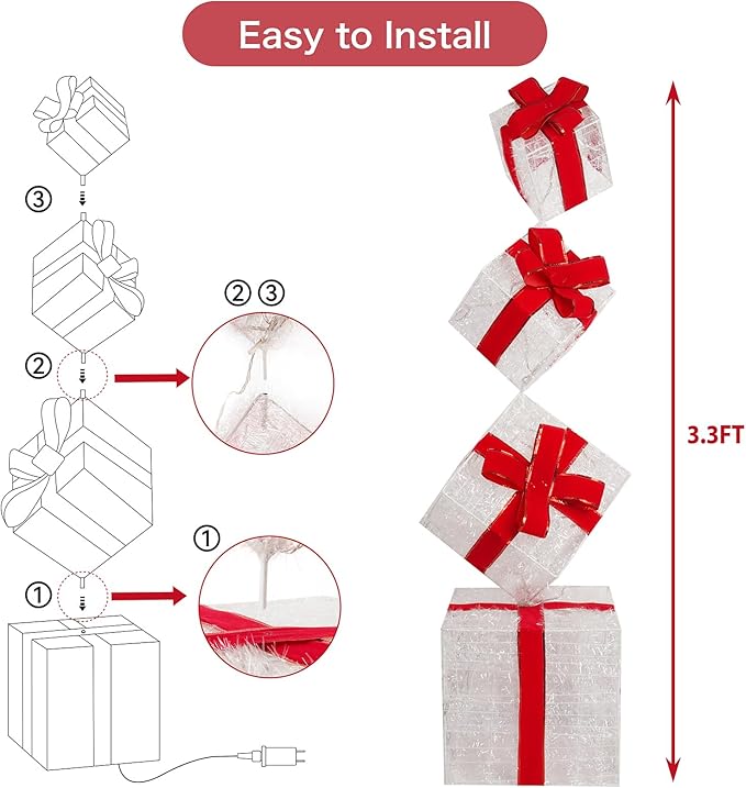 Set of 4 Christmas Lighted Gift Boxes, 3.3FT 70 LED Stackable Light Up Present Boxes for Christmas Decorations Indoor Outdoor Yard Lawn Porch Home Decor(4 Piece Set)