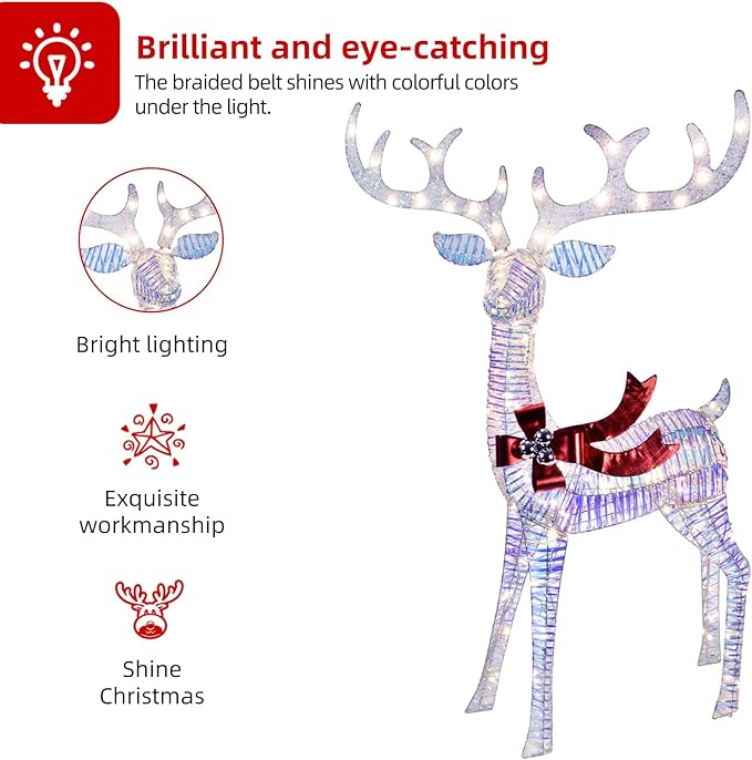 Christmas Decorations Outdoors Reindeer Family - Light up Christmas Decor Iridescent Deer 3 Piece with LED Lights, Extension Cord, Ground Stakes, for Outdoor Front Yard Porch - Iridescent