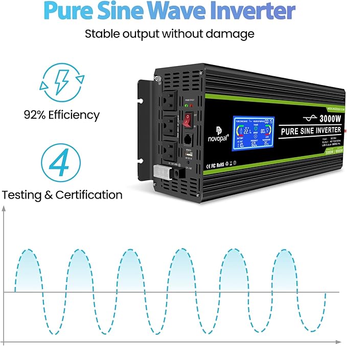 NOVOPAL 3000 Watt Pure Sine Wave Power Inverter 24V to 110V 120V Rv Inverters with 3 AC Outlets,High Power AC Terminal-16 ft Remote Control, LCD Display for Truck, Hurricane, Home