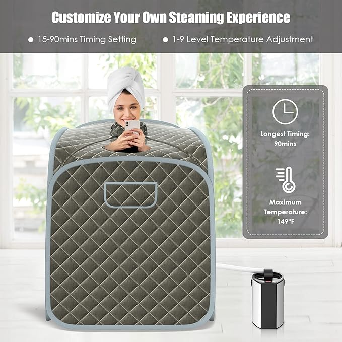 COSTWAY Portable Steam Sauna, 3L Foldable Sauna Spa with Remote Control, 9-Gear Temperature and Timer, Atomization Function, Personal Sauna Tent for Weight Loss, Detox Relaxation at Home (Grey)