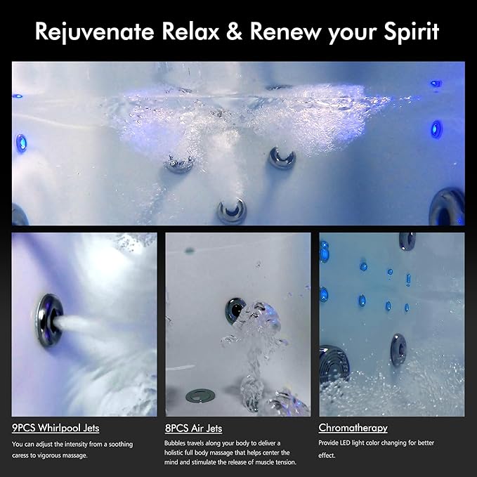67 in Whirlpool Bathtub,Empava Jetted Tub with Heater,Hydro Massage Bathtub with 9 Water Jets+8 Air Jets,SPA Bathtub with Waterfall,Whirlpool Tub with Light,LED Control Panel
