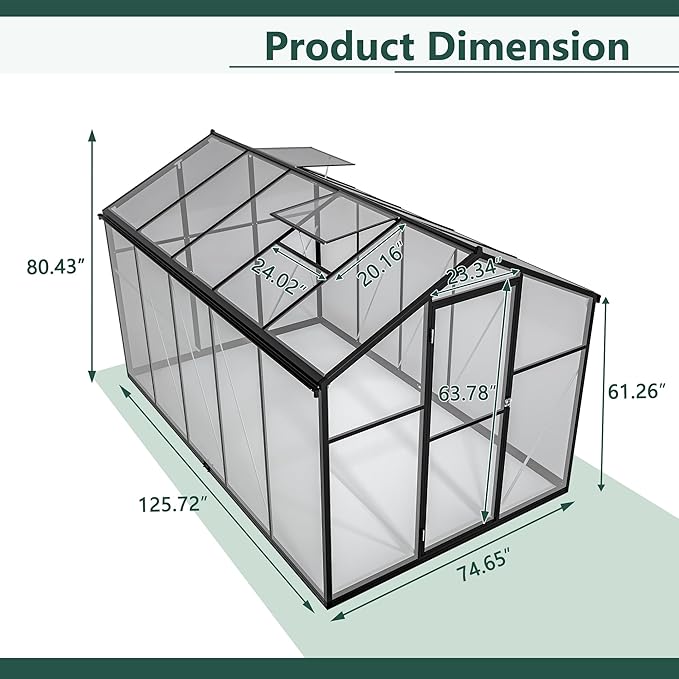 Favfurish 6x10 FT Greenhouses for Outdoors,Heavy Duty Polycarbonate Greenhouse,Lockable Walk-in Green House Sunroom w/ Roof Vent,Aluminum Hot House for Garden Plants Backyard Patio,Black
