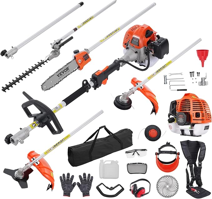 VEVOR 33CC 2-Cycle 5-in-1 Gas Powered Chainsaw with Extension Pole, All-in-One Trimmer Set with Hedge Trimmer, Weed Eater, Brush Cutter, Edger, and Pole Saw for Garden, Lawn, and Tree Maintenance