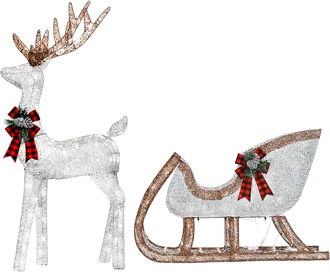 Outdoor Lighted Reindeer with Sleigh Christmas Decors, 3D Deer & Santa Sleigh Holiday Yard Decorations with 170 Warm White LEDs, Garden, Lawn Winter Displays, 2-Piece Set, Silver & Brwon