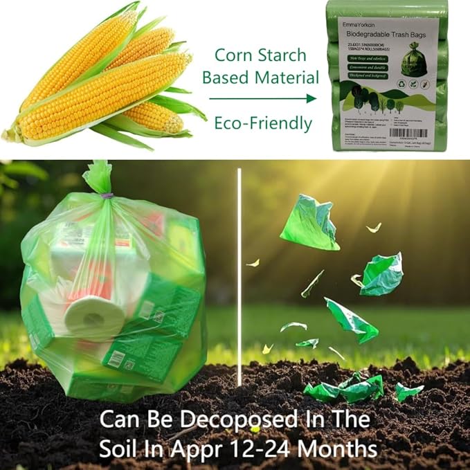 Biodegradable Trash Bags 13+ Gallon-Plant-Based Tall Kitchen compostable Waste Bags, Heavy Duty 1.18 Mil & Leakproof, 50 L, Fits 13 Gallon Bins, Recyclable -Strong Large Trash Bags (60 Count)