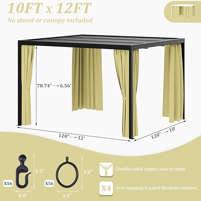 Gazebo Universal Replacement Privacy Curtain,10'×12' Gazebo Outdoor Waterproof Curtains, 4-Panels Sidewall Curtains with Double Zipper for Patio Canopy, Garden and Backyard (Curtain Only)