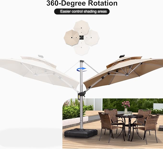 PURPLE LEAF 10ft Solar powered LED Patio Umbrella Outdoor Round Umbrellas Large Cantilever Umbrella with LED lights Windproof Offset Umbrellas Heavy Duty for Garden Deck Pool Patio, Beige