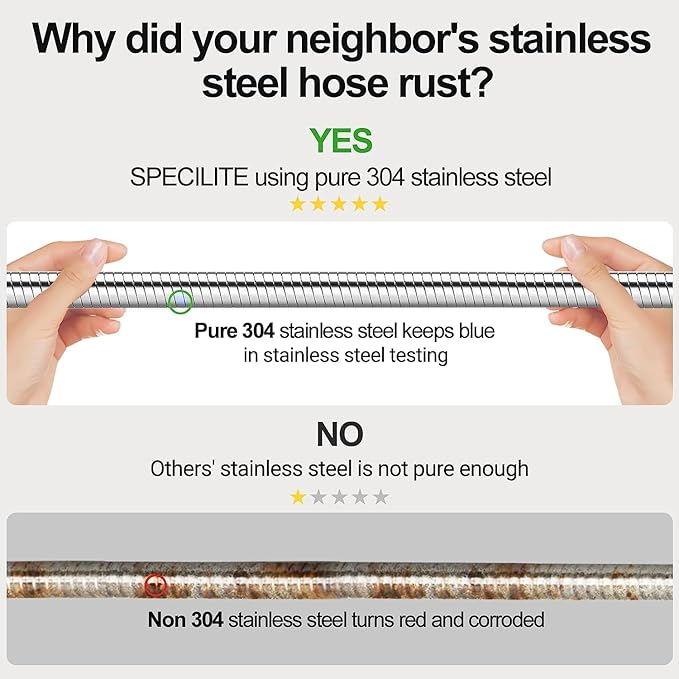 SPECILITE 25ft 304 Stainless Steel Garden Hose Metal, Heavy Duty Water Pipe with Nozzles for Yard, Outdoor - Flexible, Never Kink & Tangle, Puncture Resistant (Sliver)