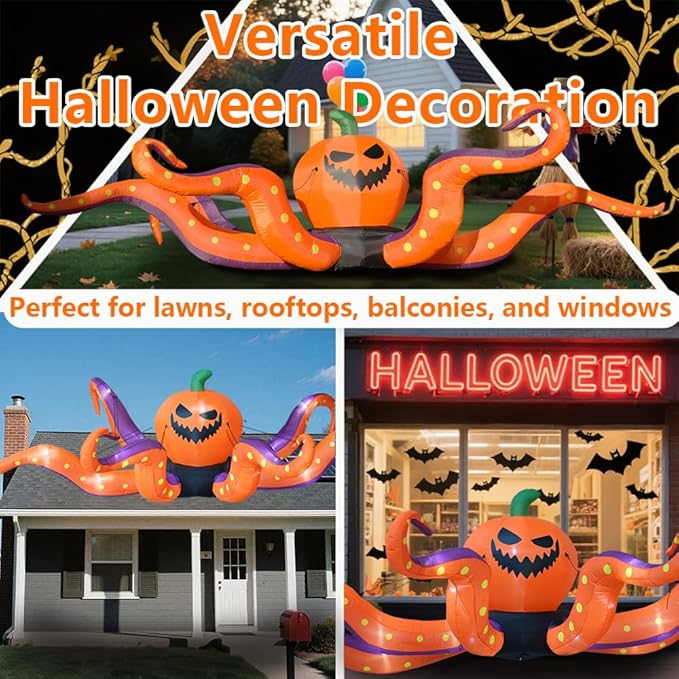 GARIG 12FT Halloween Inflatables Outdoor Decorations Pumpkin Octopus Tentacles Build-in LEDs Lights Blow Up Yard Decorations for Garden Lawn Window Indoor Party Holiday Decor