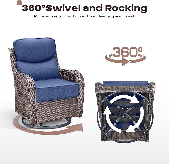 Rilyson Wicker Outdoor Patio Furniture Set - 5 Piece Patio Conversation Sets with Swivel Rocker Chairs, Ottomans and Sofa, 6 inch Cushions, Waterproof Wicker, for Porch Deck Brown/Blue