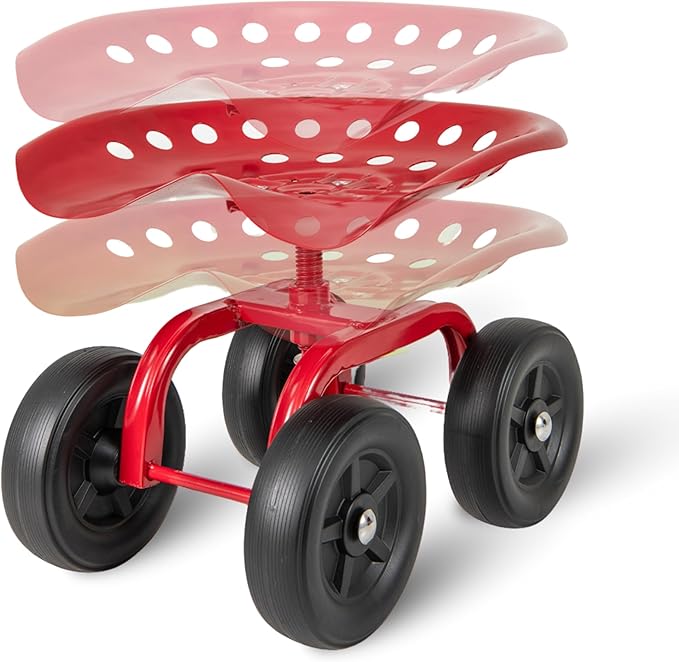 Rolling Garden Seat, Garden Cart with 360° Swivel Work Seat & Adjustable Height, Heavy Duty Garden Seat with Wheels for Lawn Yard Patio Greenhouse Planting Cleaning (Red)