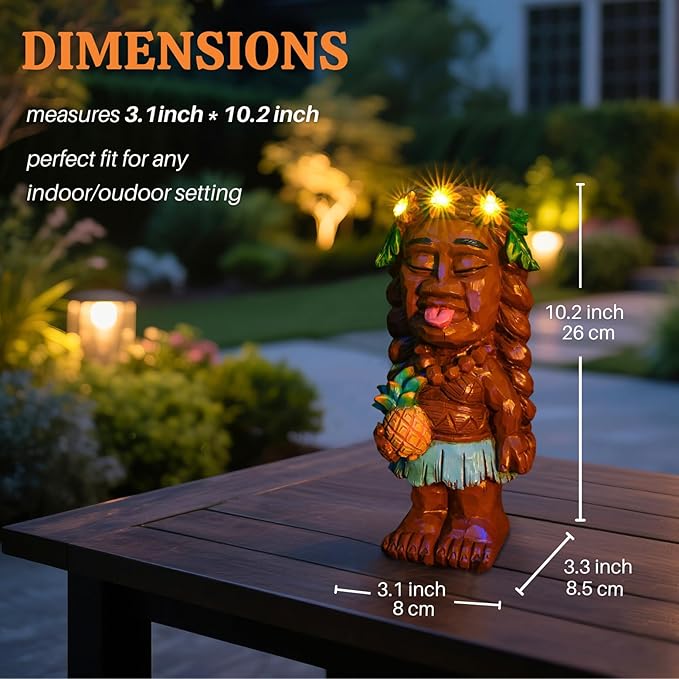 Solar Tiki Girl Garden Statues Tiki Lady Holding Pineapple Figurine with Flower LED Lights Bar Patio Porch Yard Outdoor Decorations Christmas Thanksgiving Birthday Gardening Gift for Mom Women