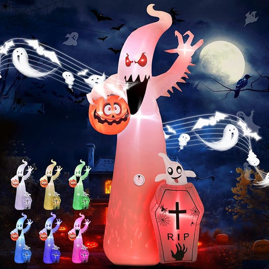 Elegear 12FT Halloween Inflatable Blow Up with Motion-Activated Screaming, 8-Mode Color Changing Flame Lights, Spooky Ghost Halloween Inflatables Outdoor Decorations for Yard Lawn Garden Porch Party