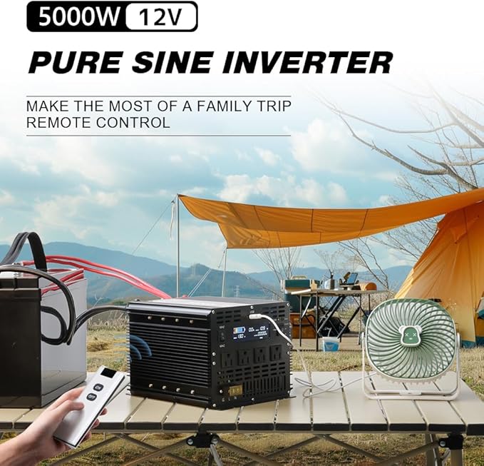 5000 Watt Pure Sine Wave Power Inverter with LCD 12V DC to 110V/120V AC Peak Power 10000W Car Power Inverter with 4 AC Outlets & 1 USB Port & Remote Control for Truck RV Car Solar System