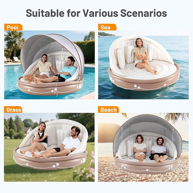 Moccha Inflatable Island with Canopy - 440 lbs Party Floats with SPF50+ Retractable Detachable Sunshade & 3 Pillows, 2-3 Person Tanning Lounger, 73” Pool Daybed, Floating Island for Lake