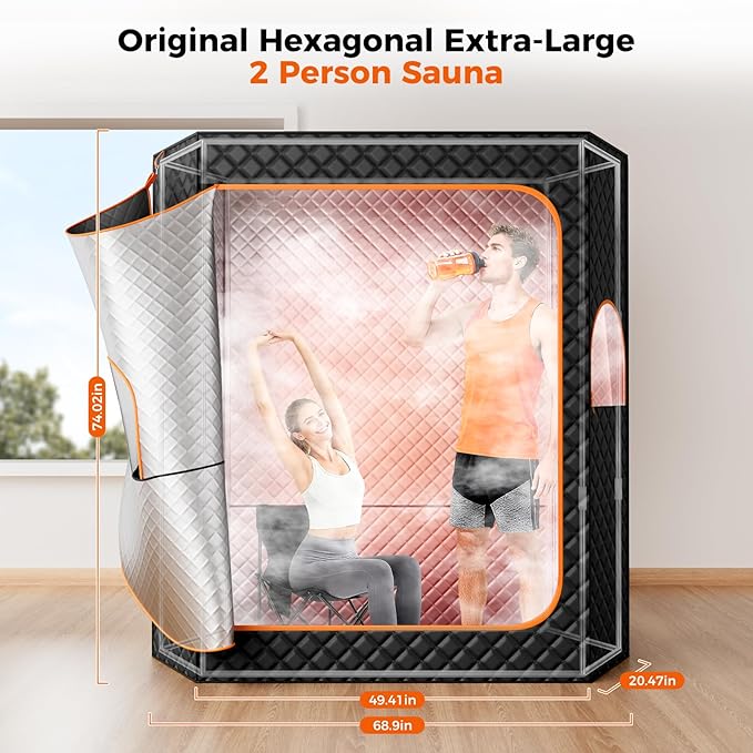 2 Person Sauna, Upgraded Large Sauna Box, Portable Steam Sauna for Home with 2 Steamer, 2 Folding Chair, Black