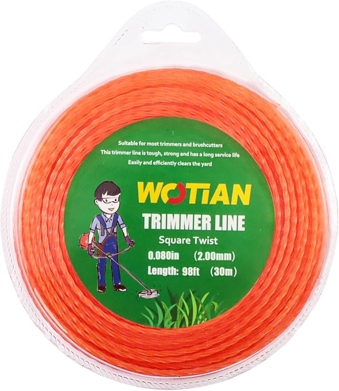 WOTIAN 080 Square Twisted Trimmer line 0.080-Inches Weed Eater String 98-Foot Square Twist Weed Wacker String of Nylon Compatible with Stihl Echo Universal Grass Cordless Electric Trimmer,Orange
