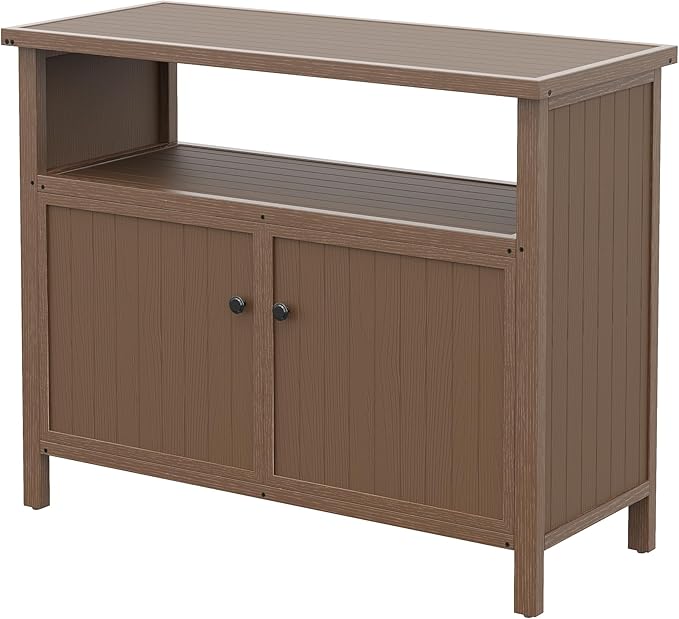 Amopatio Outdoor Storage Cabinet - Patio Bar Table with Storage and Shelves - Weather Resistant Sideboard for Patio, Pool, Garden, Indoor, Kitchen - Brown