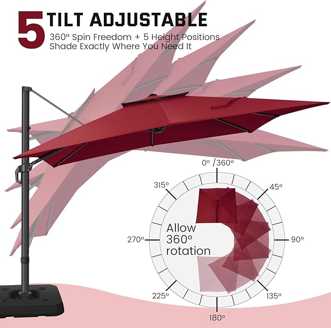 Hotime 10ft Cantilever Umbrella Outdoor Patio Umbrella Windproof Heavy Duty Double Top Offset Patio Umbrella Cantilever Pool Umbrella with 360°Rotation for Garden Deck Pool, Wine Red