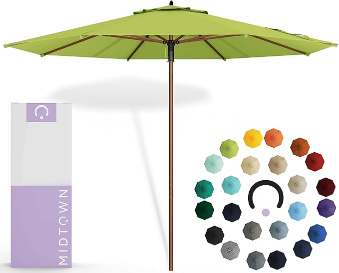 Midtown Umbrellas The Wooden 8 Feet Patio Umbrella With Sunbrella Macaw Acrylic Fabric - Aluminum Frame Market Umbrella For Backyard, Deck, Garden, Pool - Wooden Pole