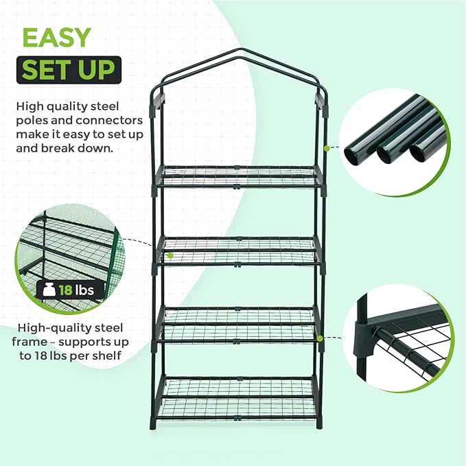 EAGLE PEAK 4-Tier Mini Greenhouse Portable Green House with Shelves & Weather-Resistant PE Cover, Small Greenhouse for Seedlings & Gardening Gifts, 27x19x64 in, Clear/Green