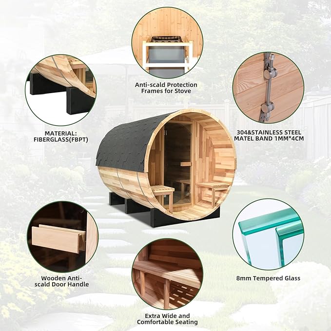 Smartmak Customized Outdoor Wood Barrel Steam Sauna, 2-10 Person Home Traditional Canadian Wooden Spa Room, with DIY Heating Stove, Rocks, Water Bucket, Spoon, Light, for Backyard, Garden, 195 ℉