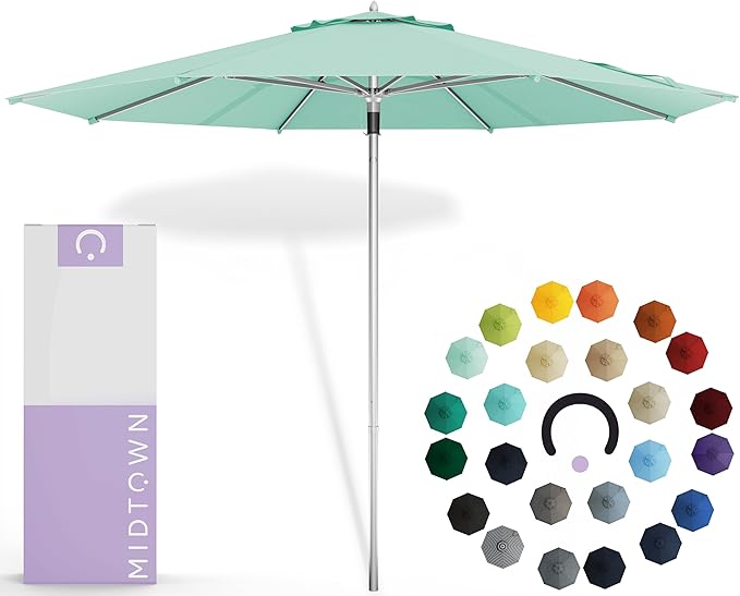 Midtown Umbrellas Push Pop Sunbrella Umbrella 10 Feet Large Outdoor Umbrella With Canvas Glacier Acrylic Fabric - Deck Patio Umbrella, Backyard Umbrella, Garden Umbrella & Pool Umbrella - Black Pole