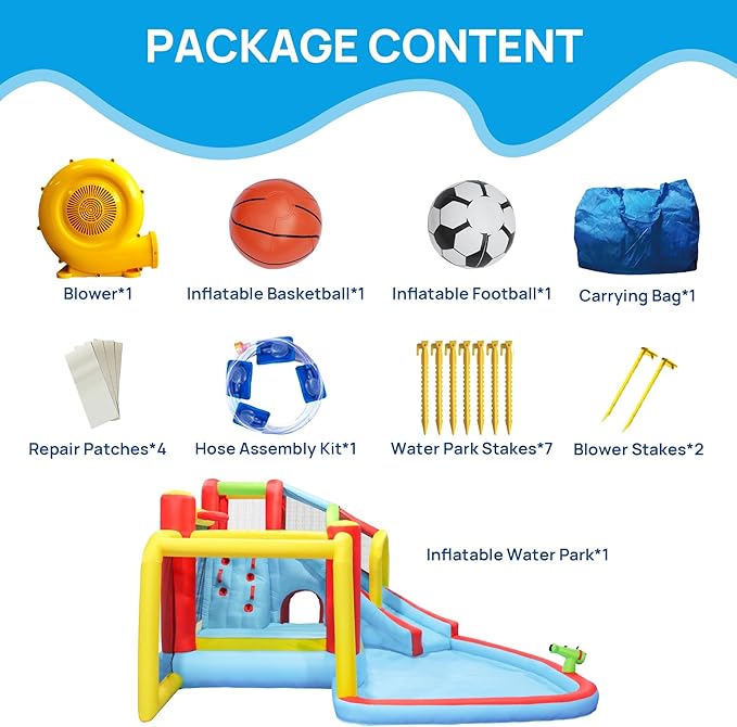 Inflatable Water Slide Bounce Castle with Blower, Dry and Wet Blow Up Jumping Bouncer with Slide, Climbing Wall, Basketball, Funny Tunnel, Soccer, Ball Pit Pool for Outdoor