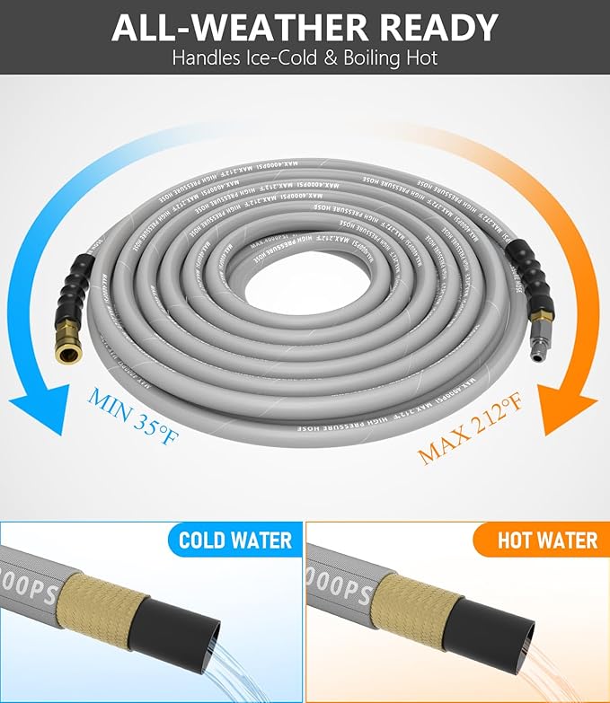 Pressure Washer Hose 75FT 4000 PSI, Kink Resistant Steel Braided Layer & NonMarking Rubber for Hot/Cold Water, High Power Washer Hose With 3/8 Inch Quick Connect & M22 Fitting, Gray