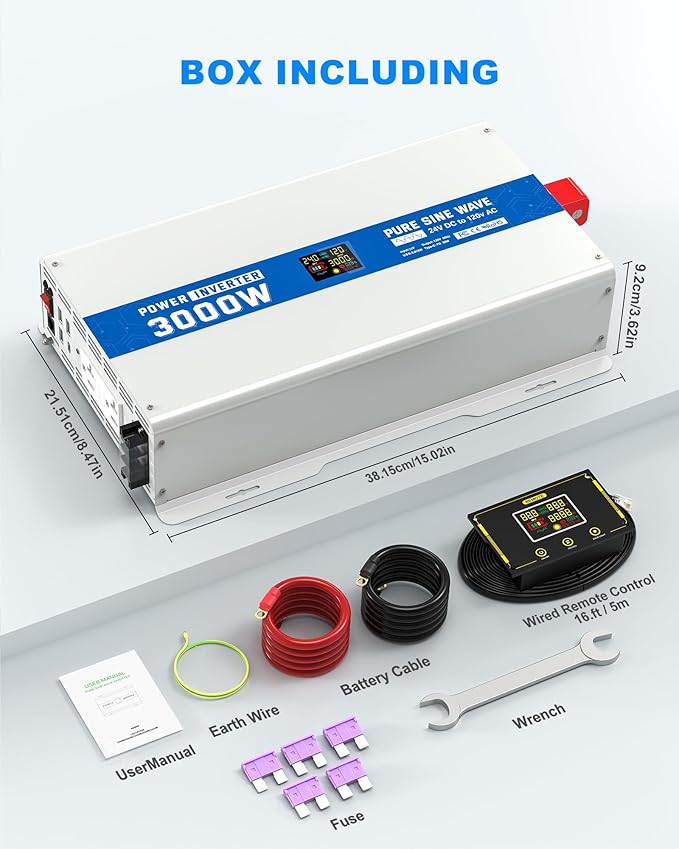 3000W Pure Sine Wave Power Inverter 24V DC to 120V AC Converter, Off-Grid Solar, RV, Truck, Boat, Car with Dual GFCI Outlets, 30W USB, 18W Type-C for Emergency Power,Gray Blue
