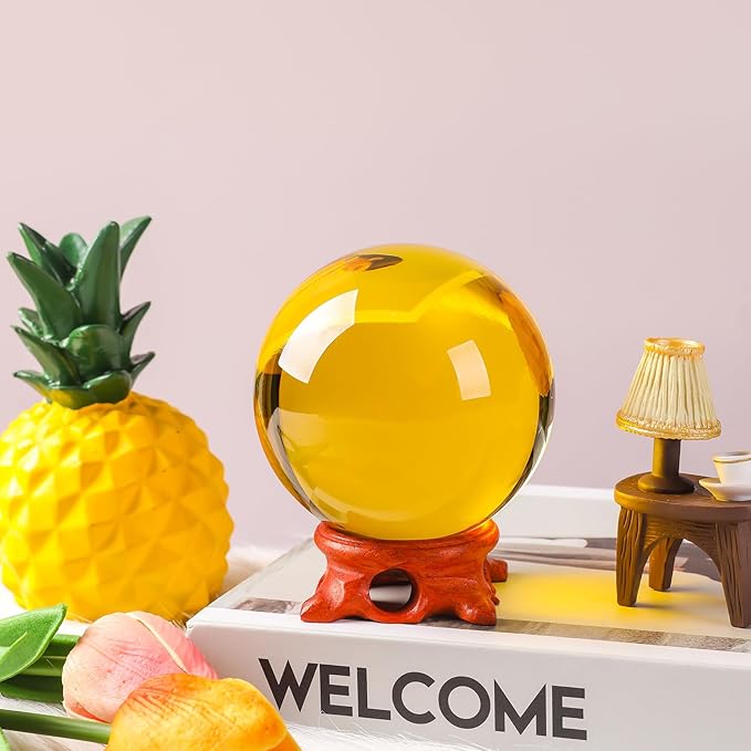Yellow Small Crystal Ball 60mm/2.3 nch with Rose Wooden Stand and Gift Box for lensball Photography,Fortune Teller,Feng Shui, Witchcraft Decor,Scrying,Magic,Crystal Orb Prop Decorative Glass Sphere