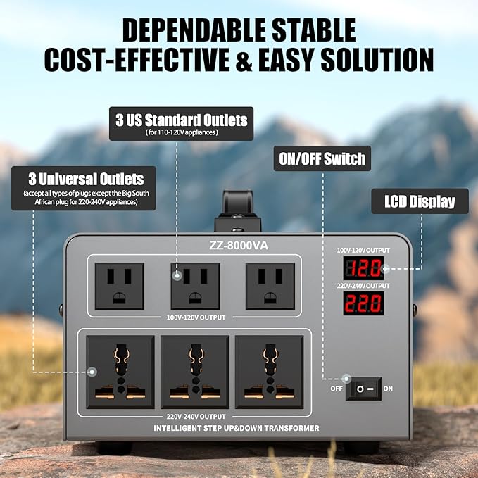 8000W Voltage Auto Converter Transformer, Heavy Duty Step Up/Down Power Converter 110/120/220/240V with 3 US Outlets,3 Universal Outlets,LED Display,w/US Standard Power Cord Circuit Breaker Protection