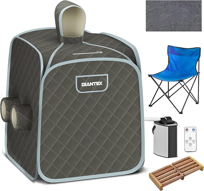Giantex Portable Folding Sauna, 1 or 2 Person Steam Spa with Remote Control, Folding Chair, Foot Massage Roller, Absorbent Mat, 9 Temperature Levels, 3L Steamer, 800W Home Full Body Spa Tent (Gray)
