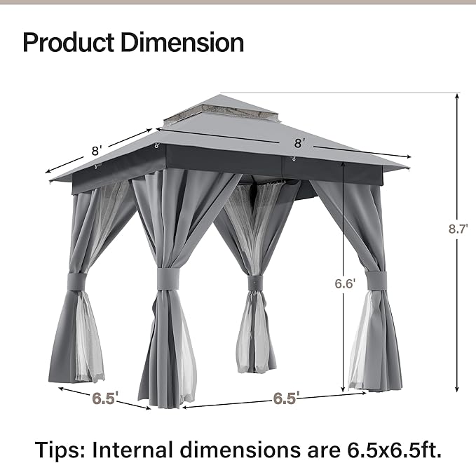 LAUSAINT HOME Outdoor Patio Gazebo 8'x8' with Expansion Bolts, Heavy Duty Gazebos Shelter Party Tent with Double Roofs, Mosquito Nettings and Privacy Screens for Backyard, Garden, Lawn, Smoke Grey