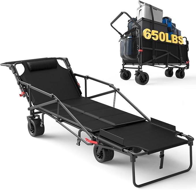 LEVELEVE Heavy Duty Folding Wagon - 2-in-1 Collapsible Cart, 650lb Capacity, All-Terrain Wheels w/Brakes & Side Pockets