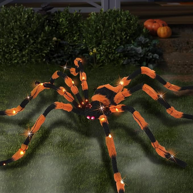 Giant Spider Halloween Decorations, 60” Large Black Hairy Scary Virtual Realistic Spider with 56 LED Orange Lights Red Eyes Timer for Spiderweb Indoor Outdoor Yard Party Halloween Decor