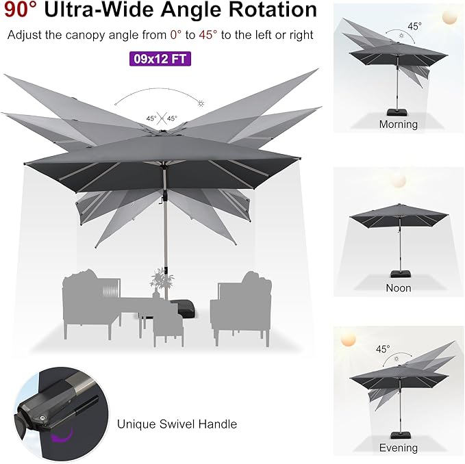 PURPLE LEAF 9' X 12' Left-right Tilting Patio Umbrella with Base Outdoor Swivel Cantilever Offset Aluminum Umbrella with Champagne Frame and 360-degree Rotation for Garden Deck Pool, Grey