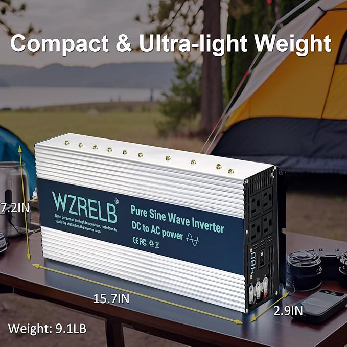 WZRELB 5000W Pure Sine Wave Inverter 12V DC to 110V 120V AC Power Converter with LED Display, Hardwire Terminal,Off-Grid Portable Power Inverter with 4 AC Outlets for Home, RV, Truck, Camping