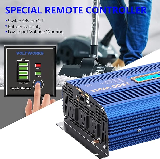 1500Watt Pure Sine Wave Inverter 12V DC to 110V 120V AC Power Inverter with Remote Control LCD Display and 2x2.4A USB Ports 3 AC Outlets Compatible with Lithium Battery for Home RV Truck by VOLTWORKS