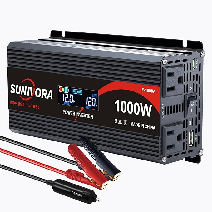 1000 Watt Inverter with LCD Display 12V DC to 110V/120V AC 2000 Watt(Peak) Car Power Inverter with 2 AC Outlets 20W PD USB-C and 18W QC USB-A Power Converter for Car, Laptops, Road Trip