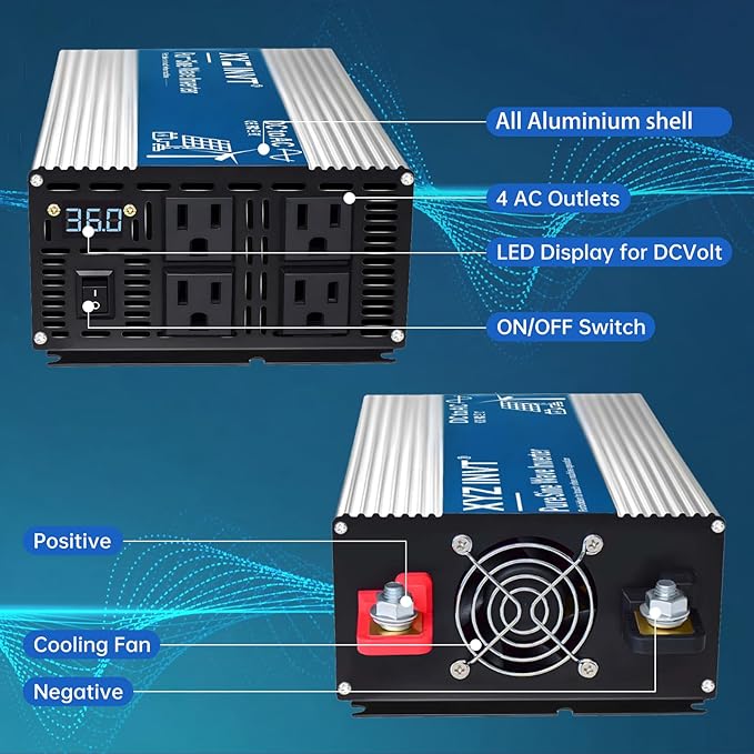 2000W Pure Sine Wave Inverter DC 36V to AC 120V, 4000W Peak Power with LED Display, Power Converter for Car, Truck, Solar, Home & Rechargeable Devices
