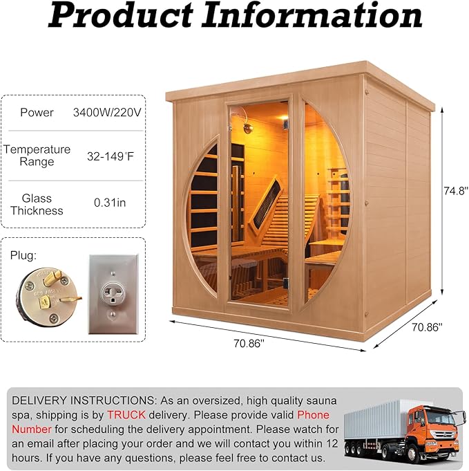 Infrared Sauna with Recliner, 2 Person Hemlock Wooden Dry Saunas with 220V/3400W, Indoor Home Sauna Spa with 9 Heating Panels, Bluetooth Speaker, 7 Color Lights, Oxygen Bar