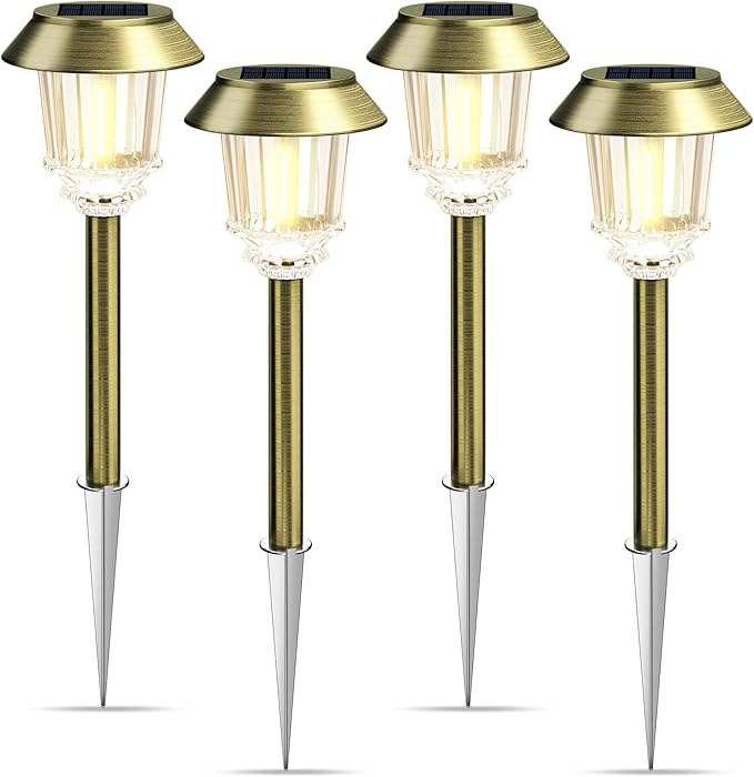 XMCOSY+ Solar Pathway Lights Outdoor - 4 Pack Auto On/Off 10-40 LM Dimmable Waterproof Outdoor Solar Lights for Yard Pathway Garden Driveway Walkway (Bronze)