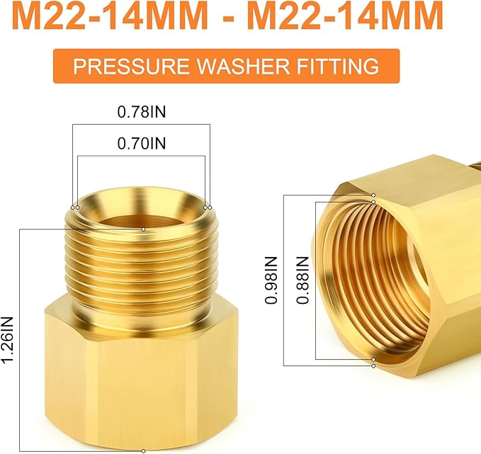 GASHER 2Pcs Brass M22 Pressure Washer Fitting,M22-14mm Male x M22-14mm Female Thread Fittings,For Pressure Washer Hose