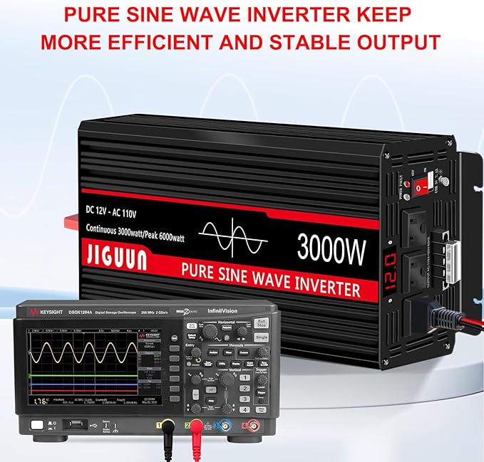 JIGUUN 3000 Watt Pure Sine Wave Inverter, Power Converter 12V DC to 110v/120v AC, Car Inverter with 4 AC Outlets& USB Port Remote Control for RV Camping Truck.
