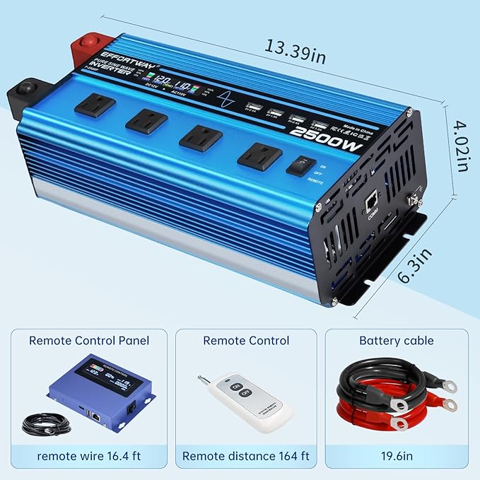 2500w Pure sine Wave Inverter DC 12V to AC 110V/120V Converter, 5000w (Peak) with LCD Display, Wireless/Wired Remote Control, 4AC outlets and 4USB.Ideal for Camping, RV Travel, Off-Grid Solar Systems